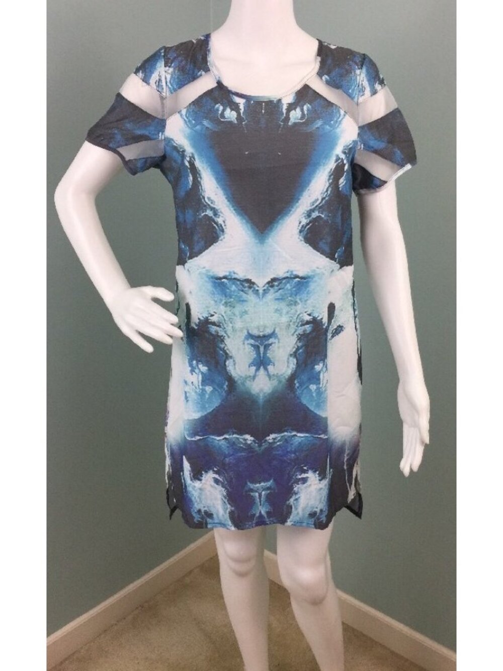 NWT Women's Premonition S/S White Blue/Blk Abstract Print Dress Sz S Small US 4